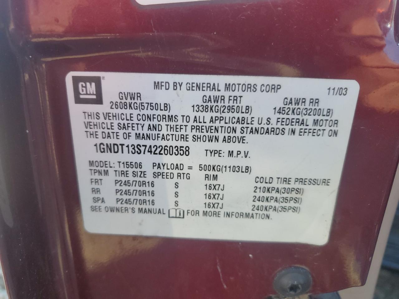 2004 Chevrolet TrailBlazer VIN 1GNDT13S742260358 Copart auction photo, front end damage thumbnail 12