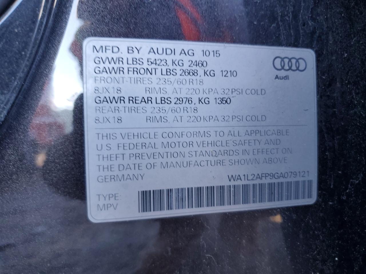 2016 Audi Q5 VIN WA1L2AFP9GA079121 Copart auction photo, rear end / side damage thumbnail 13