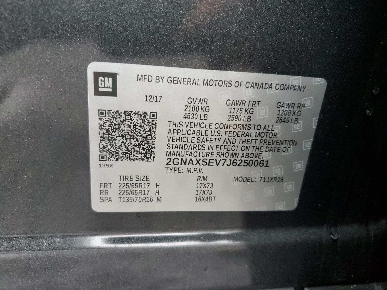 2018 Chevrolet Equinox VIN 2GNAXSEV7J6250061 Copart auction photo, front end damage thumbnail 16
