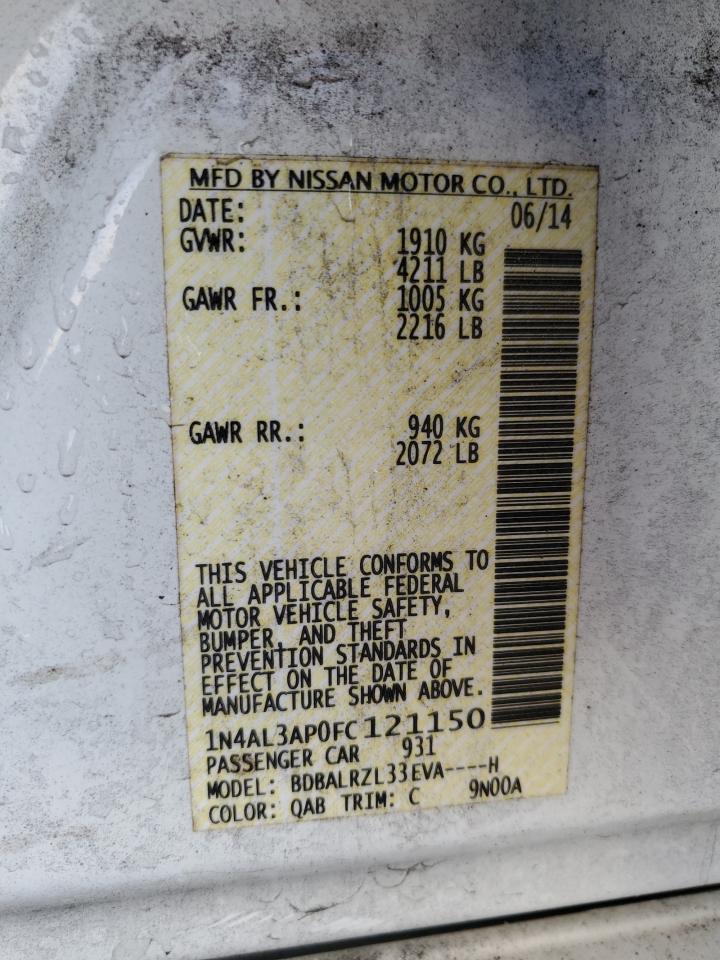 2015 Nissan Altima VIN 1N4AL3AP0FC121150 Copart auction photo, water/flood / front end damage thumbnail 12
