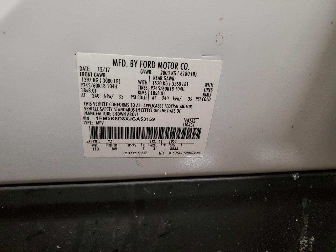 2018 Ford Explorer VIN 1FM5K8D8XJGA53159 Copart auction photo, front end damage thumbnail 13