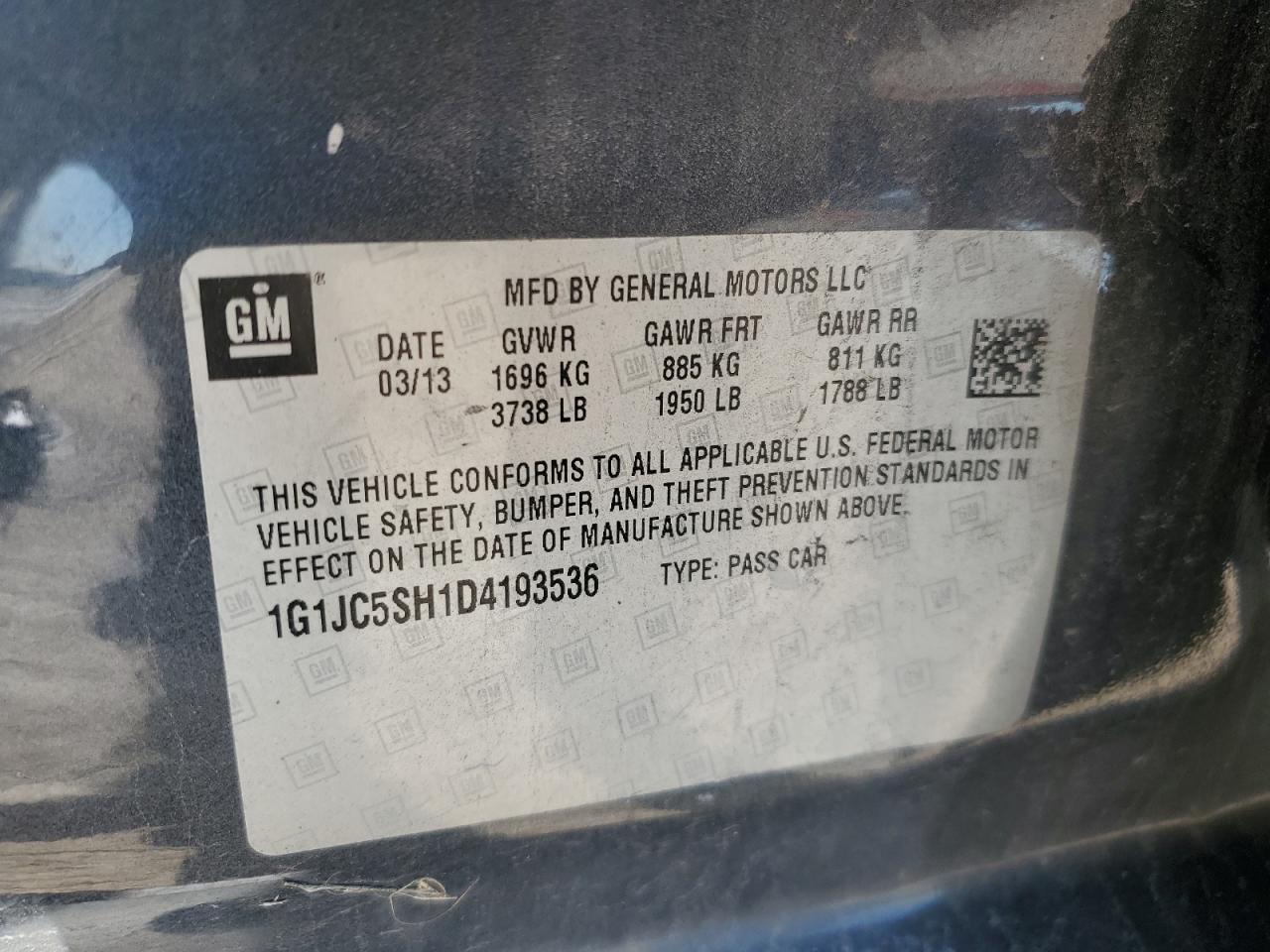 2013 Chevrolet Sonic VIN 1G1JC5SH1D4193536 Copart auction photo, side damage thumbnail 12