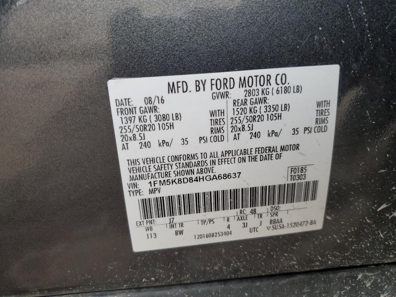 2017 Ford Explorer VIN 1FM5K8D84HGA68637 Copart auction photo, front end damage thumbnail 13