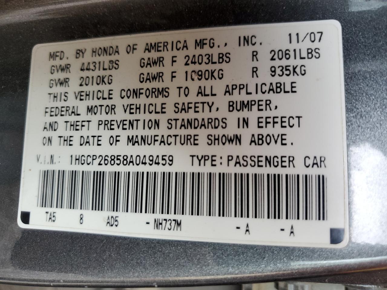 2008 Honda Accord VIN 1HGCP26858A049459 Copart auction photo, front end damage thumbnail 14