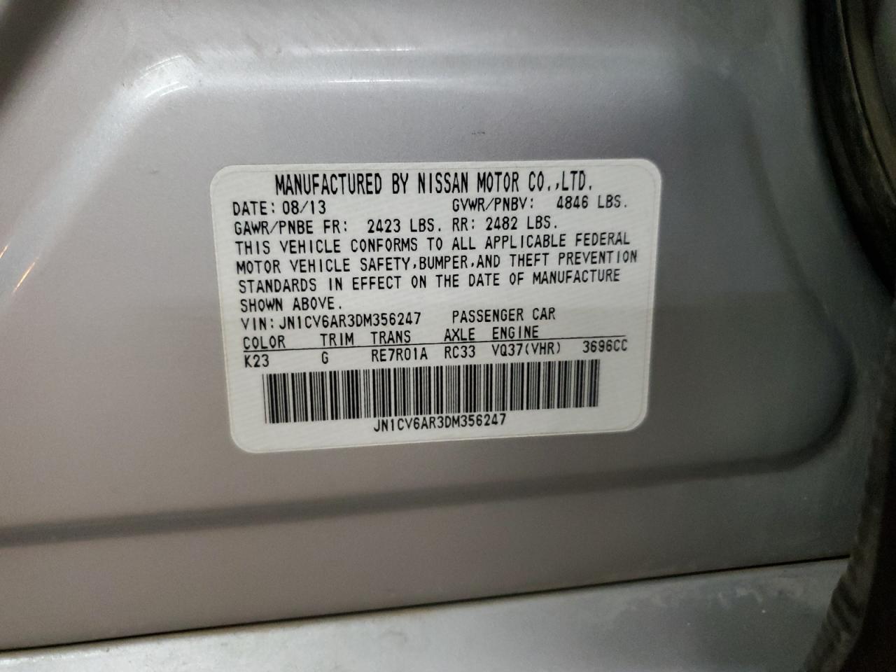 2013 Infiniti G VIN JN1CV6AR3DM356247 Copart auction photo, front end damage thumbnail 15