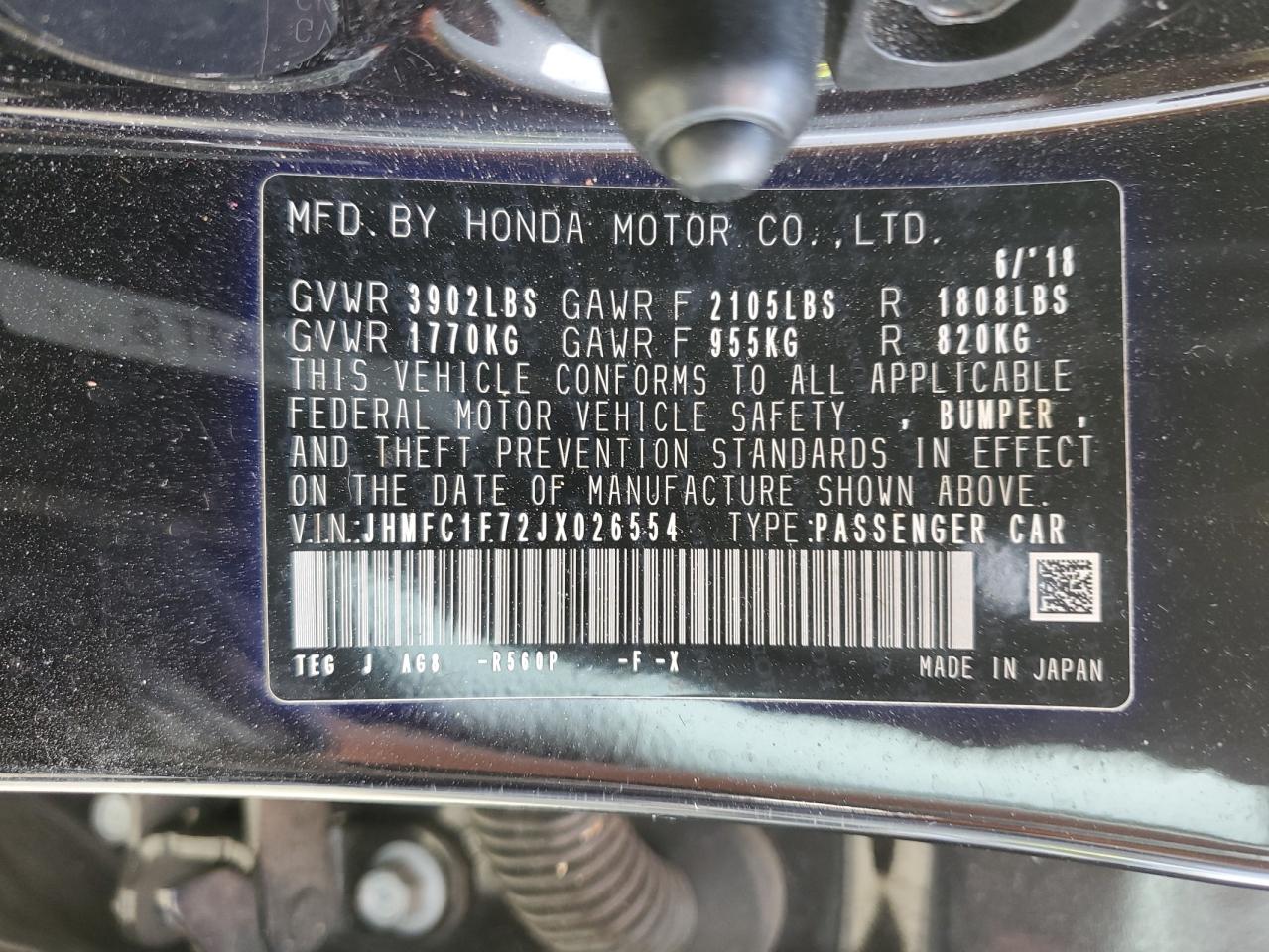 2018 Honda Civic VIN JHMFC1F72JX026554 Copart auction photo, top/roof damage thumbnail 12