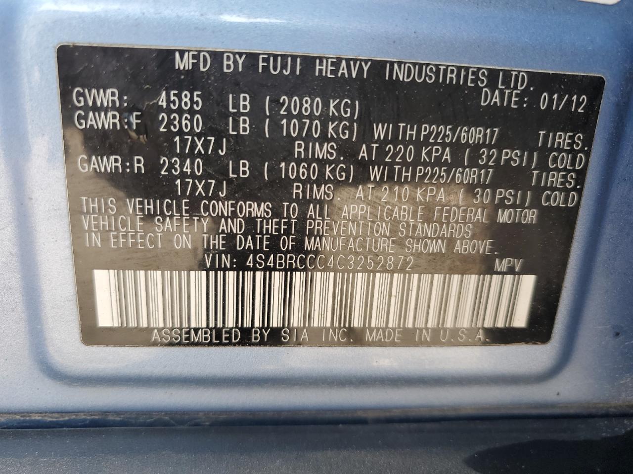 2012 Subaru Outback VIN 4S4BRCCC4C3252872 Copart auction photo, front end damage thumbnail 14