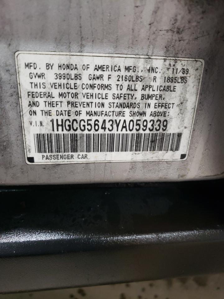 2000 Honda Accord VIN 1HGCG5643YA059339 Copart auction photo, front end damage thumbnail 12