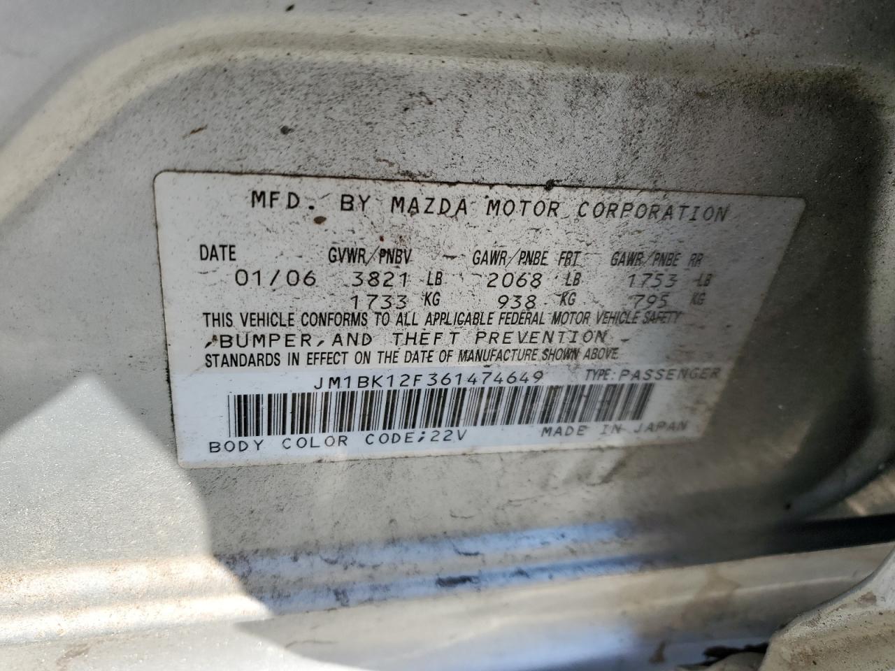 2006 Mazda 3 VIN JM1BK12F361474649 Copart auction photo, front end / rear end damage thumbnail 12