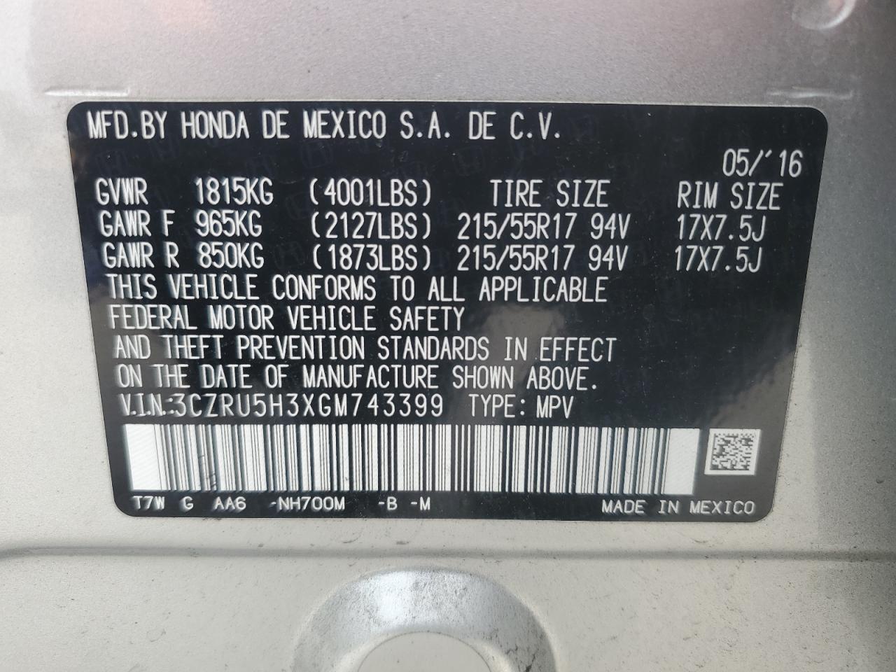 2016 Honda HR-V VIN 3CZRU5H3XGM743399 Copart auction photo, front end damage thumbnail 14