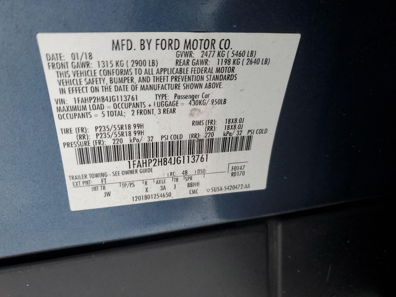 2018 Ford Taurus VIN 1FAHP2H84JG113761 Copart auction photo, front end damage thumbnail 12