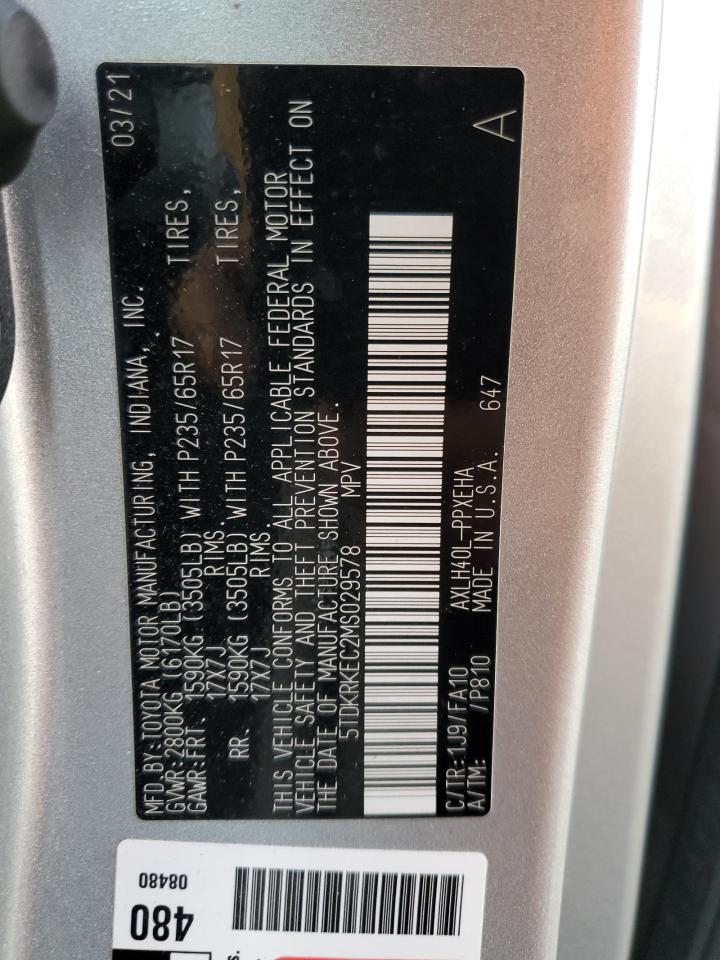 2021 Toyota Sienna VIN 5TDKRKEC2MS029578 Copart auction photo, front end / rear end damage thumbnail 13
