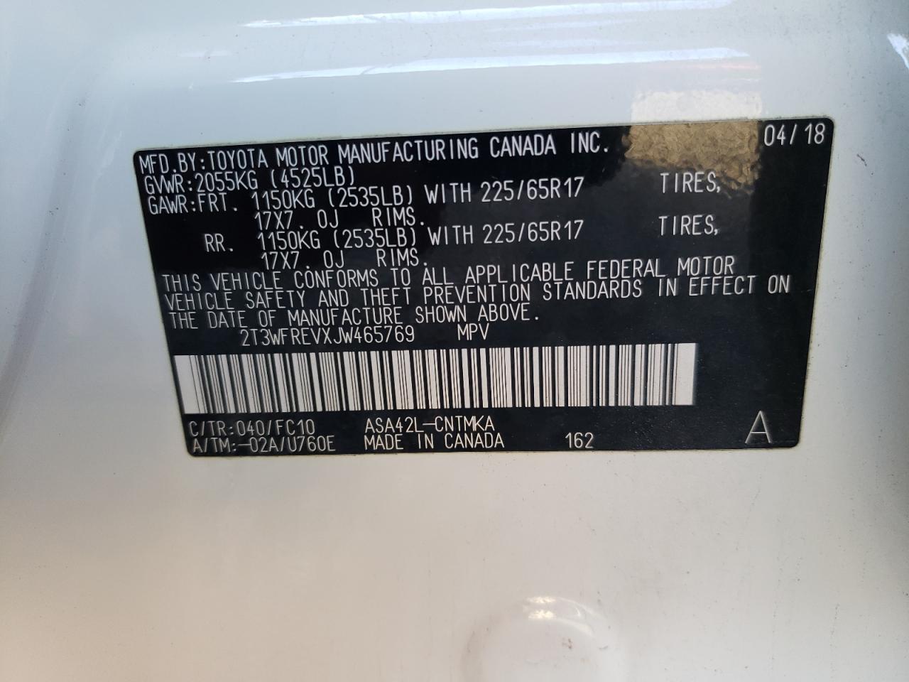 2018 Toyota RAV 4 VIN 2T3WFREVXJW465769 Copart auction photo, front end damage thumbnail 15