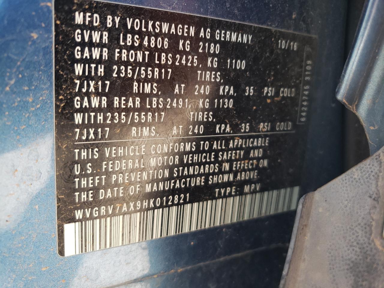 2017 Volkswagen Tiguan VIN WVGRV7AX9HK012821 Copart auction photo, front end damage thumbnail 13