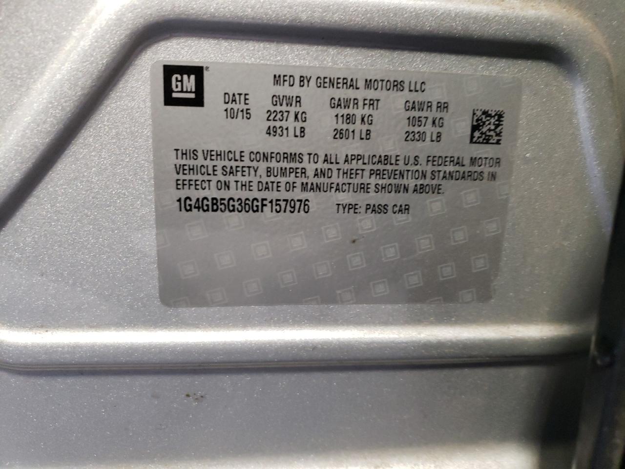 2016 Buick LaCrosse VIN 1G4GB5G36GF157976 Copart auction photo, front end / side damage thumbnail 13