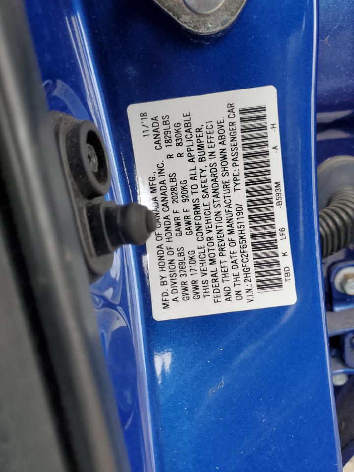 2019 Honda Civic VIN 2HGFC2F65KH511907 Copart auction photo, front end / minor dent/scratches damage thumbnail 13