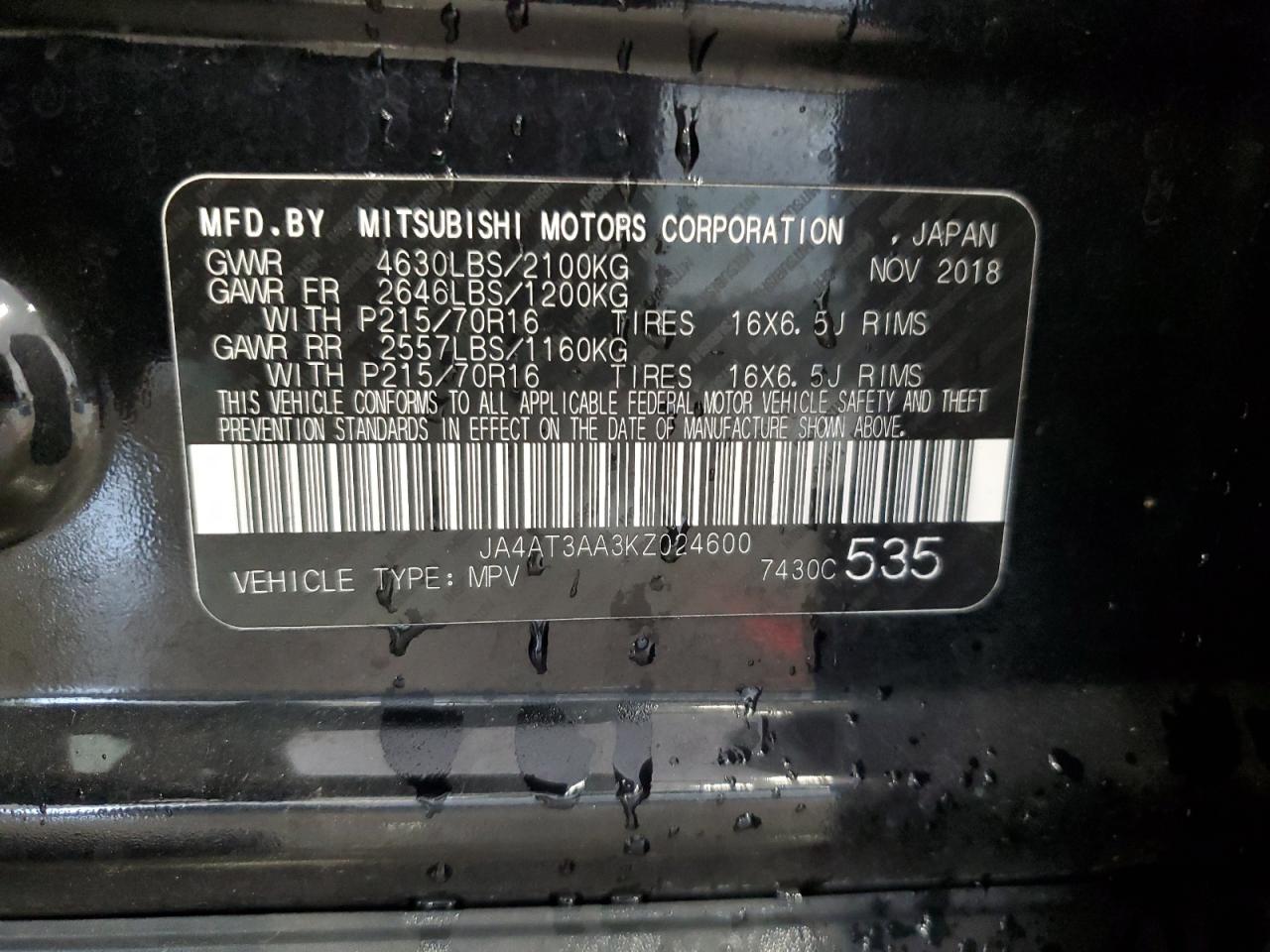 2019 Mitsubishi Eclipse VIN JA4AT3AA3KZ024600 Copart auction photo, rear end / side damage thumbnail 13