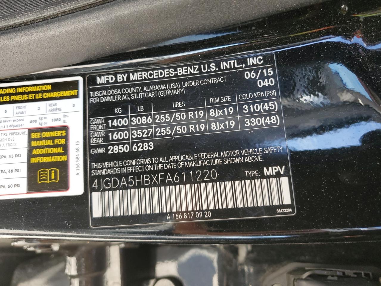 2015 Mercedes-Benz M-klasse VIN 4JGDA5HBXFA611220 Copart auction photo, front end damage thumbnail 15