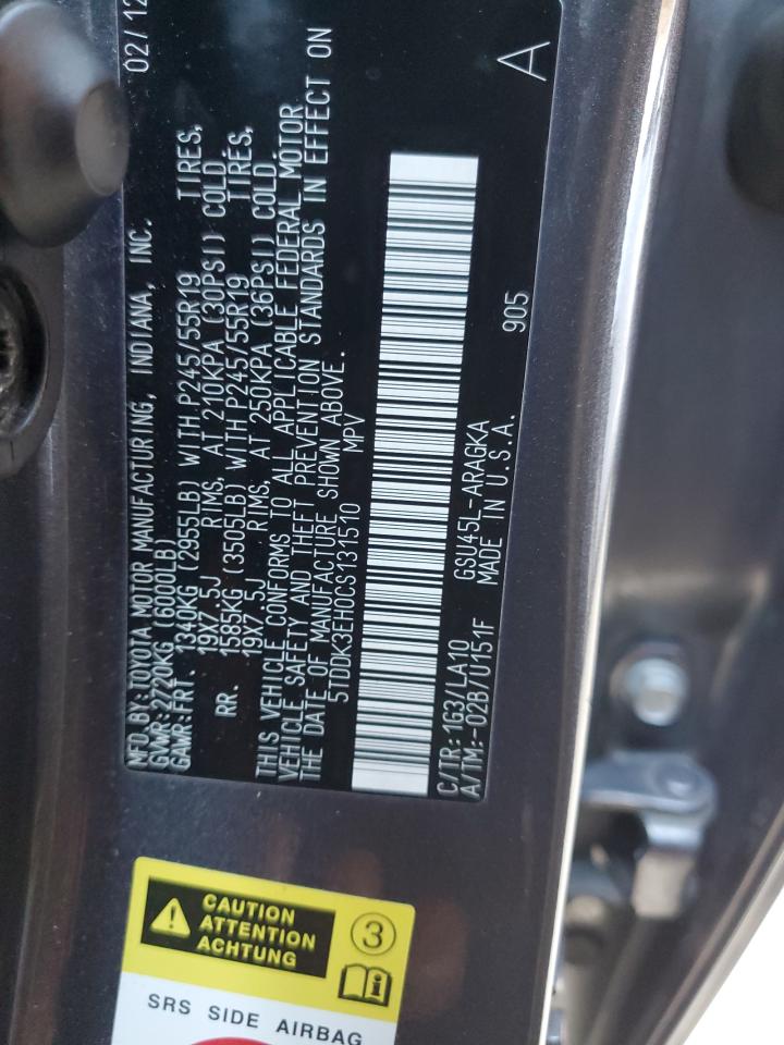 2012 Toyota Highlander VIN 5TDDK3EH0CS131510 Copart auction photo, front end damage thumbnail 13