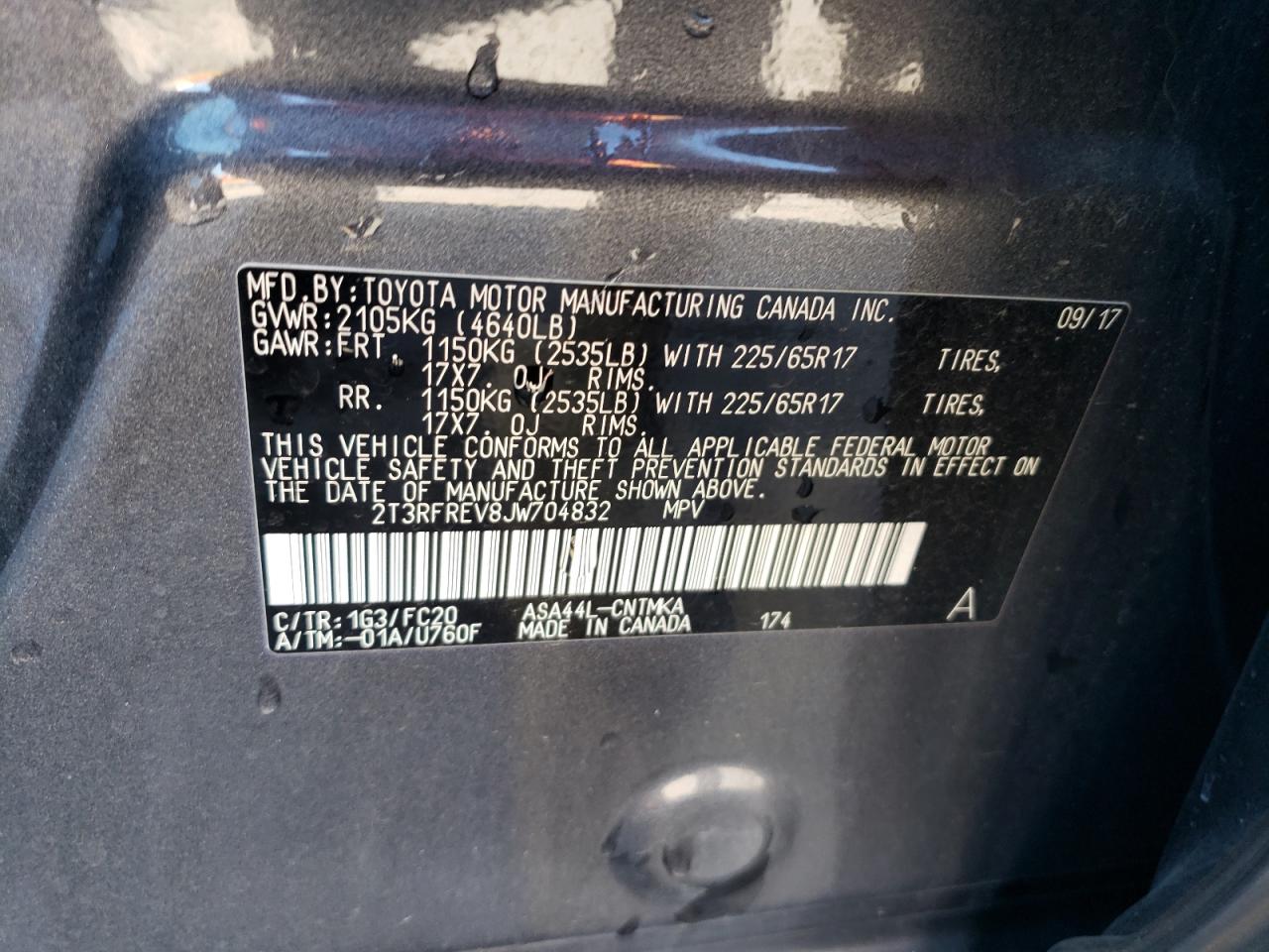2018 Toyota RAV 4 VIN 2T3RFREV8JW704832 Copart auction photo, rear end damage thumbnail 13