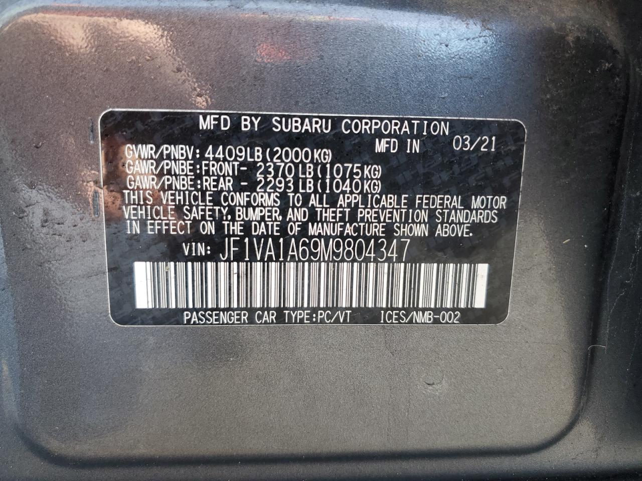 2021 Subaru WRX VIN JF1VA1A69M9804347 Copart auction photo, rear end damage thumbnail 12