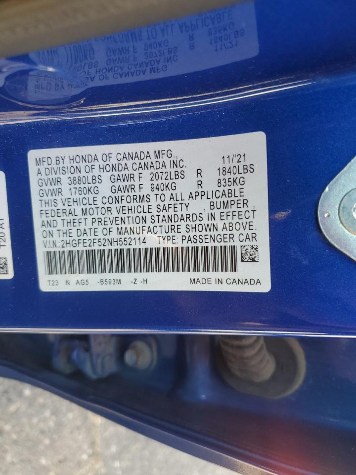 2022 Honda Civic VIN 2HGFE2F52NH552114 Copart auction photo, rear end damage thumbnail 12
