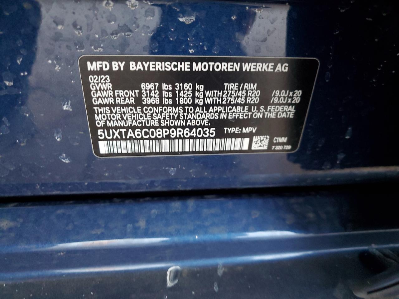 2023 BMW X5 VIN 5UXTA6C08P9R64035 Copart auction photo, front end damage thumbnail 13