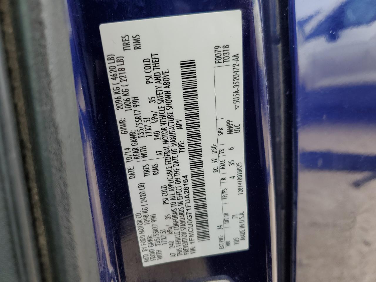 2015 Ford Escape VIN 1FMCU0G71FUA28164 Copart auction photo, rear end damage thumbnail 14