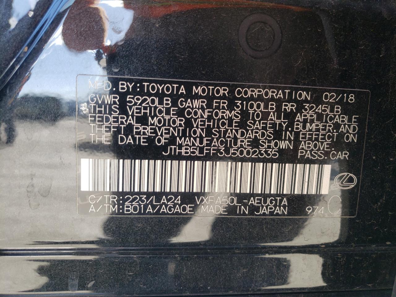 2018 Lexus LS VIN JTHB5LFF3J5002335 Copart auction photo, front end damage thumbnail 13