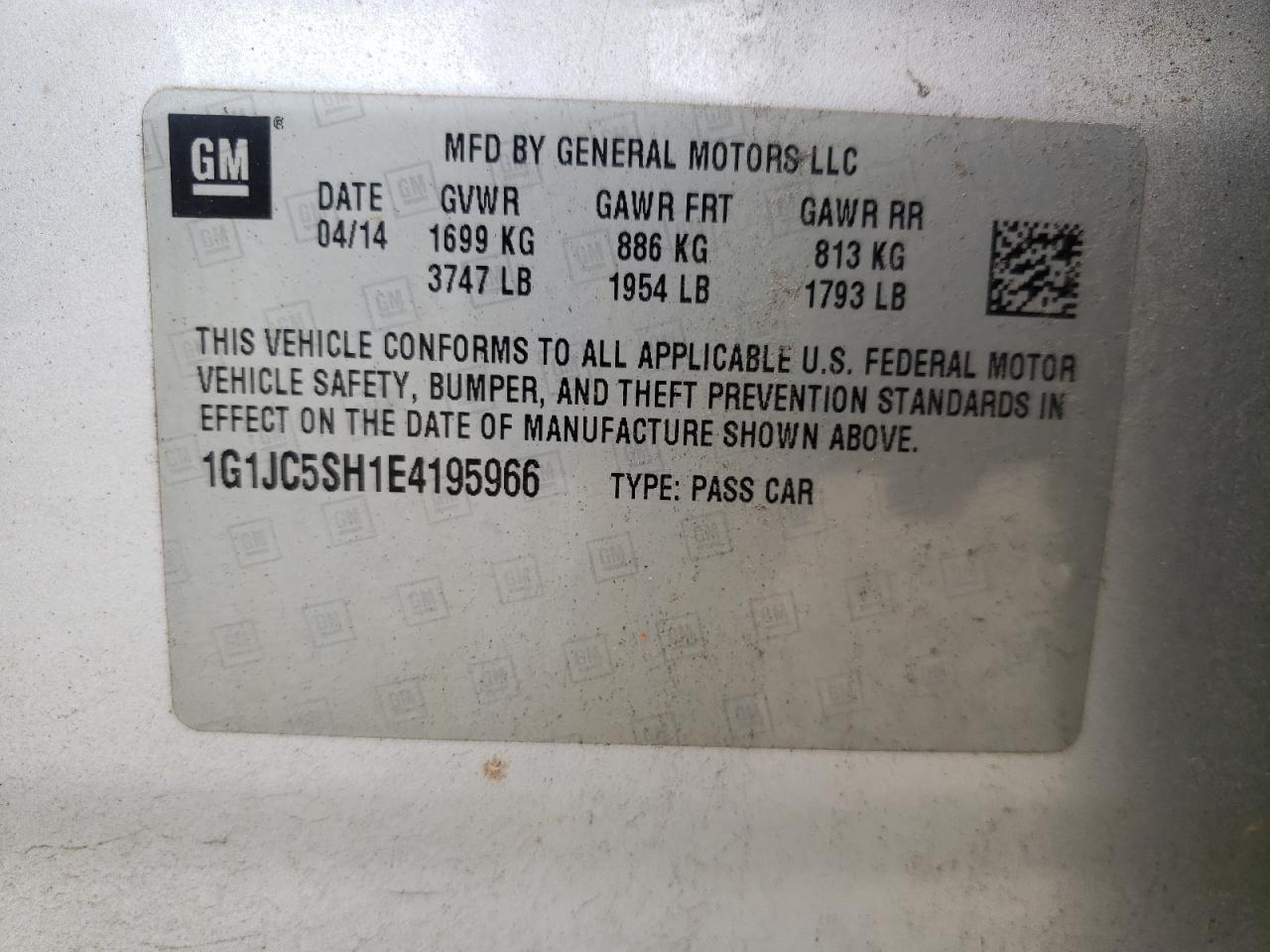 2014 Chevrolet Sonic VIN 1G1JC5SH1E4195966 Copart auction photo, side damage thumbnail 12