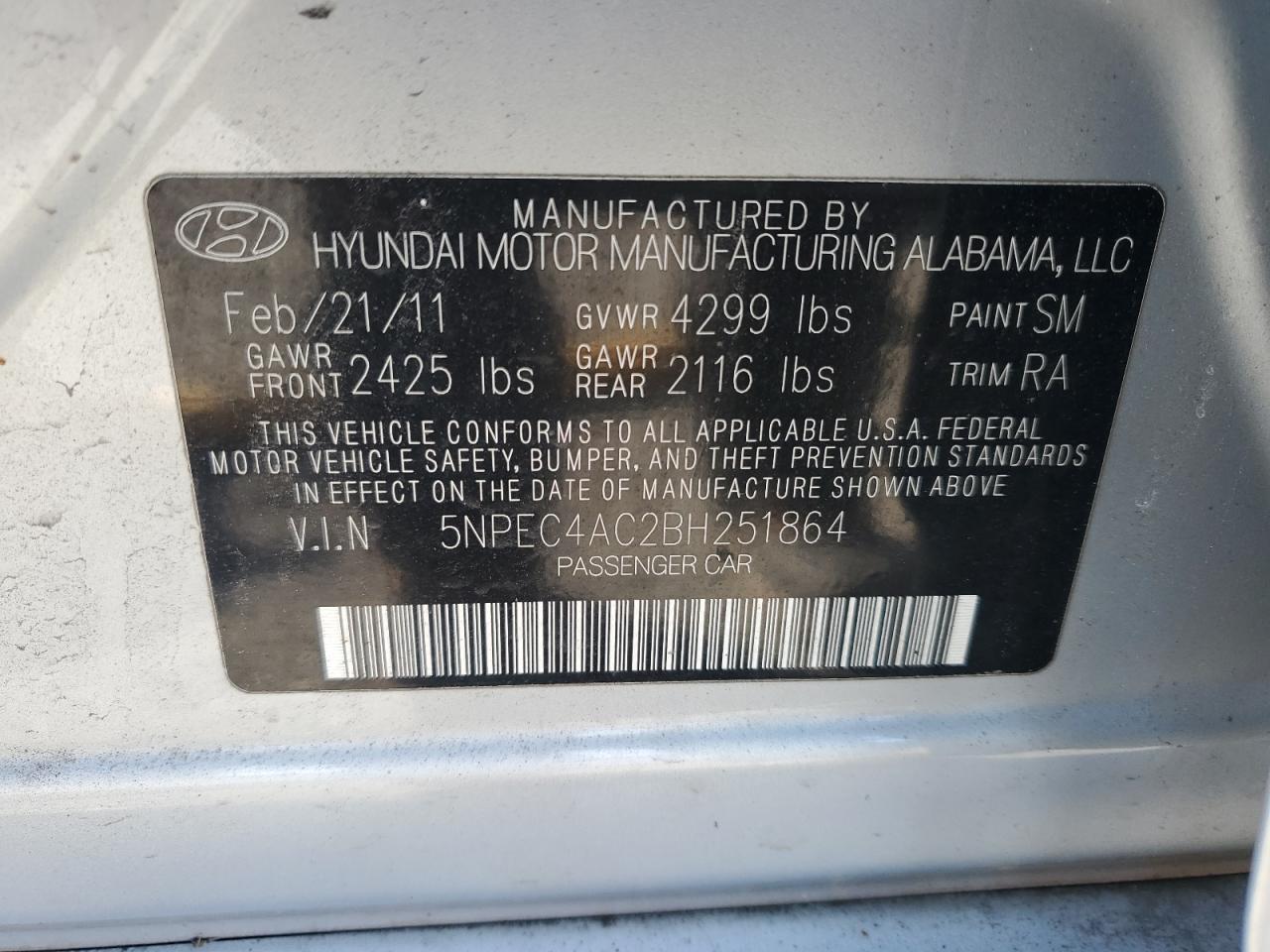 2011 Hyundai Sonata VIN 5NPEC4AC2BH251864 Copart auction photo, front end damage thumbnail 12