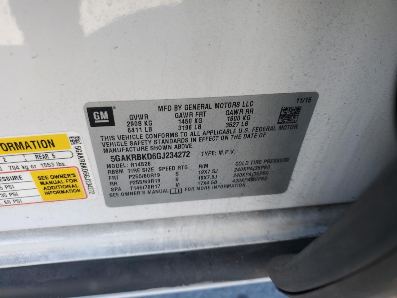 2016 Buick Enclave VIN 5GAKRBKD6GJ234272 Copart auction photo, rear end damage thumbnail 12