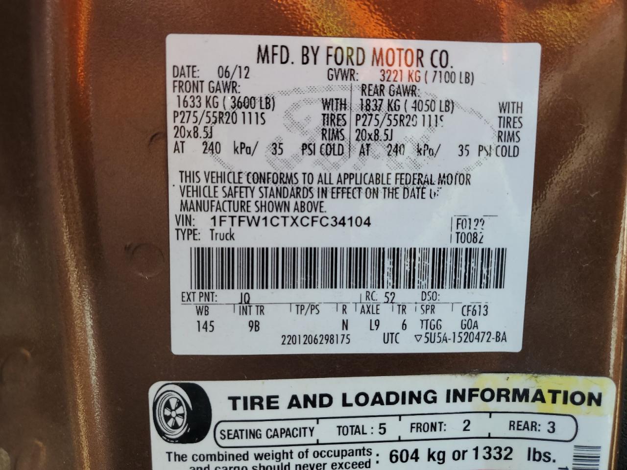 2012 Ford F-150 VIN 1FTFW1CTXCFC34104 Copart auction photo, mechanical / minor dent/scratches damage thumbnail 12