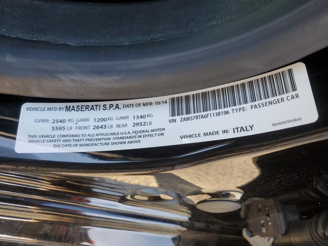 2015 Maserati Ghibli VIN ZAM57RTA6F1138196 Copart auction photo, rear end / front end damage thumbnail 12