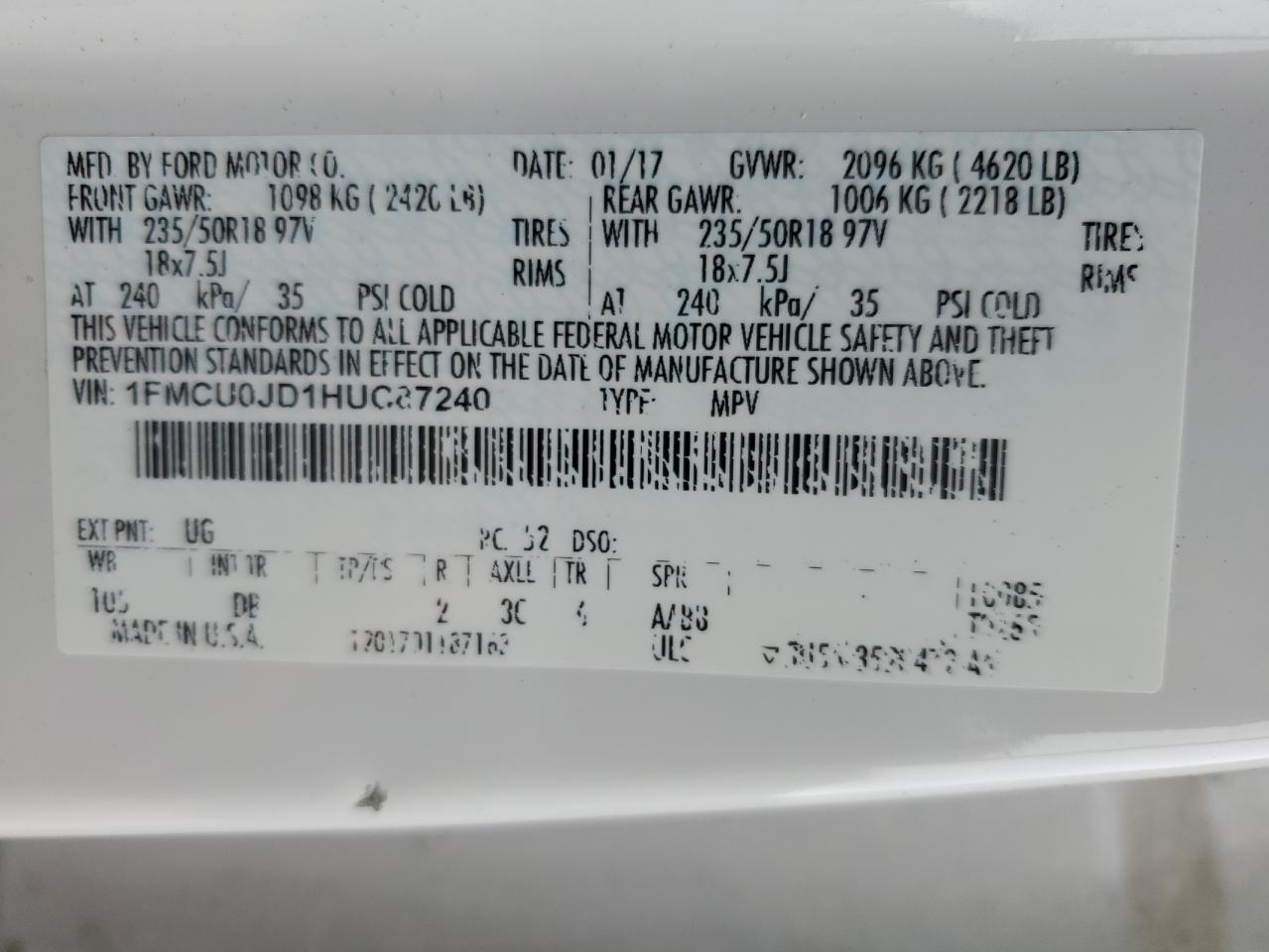 2017 Ford Escape VIN 1FMCU0JD1HUC87240 Copart auction photo, rear end / minor dent/scratches damage thumbnail 13