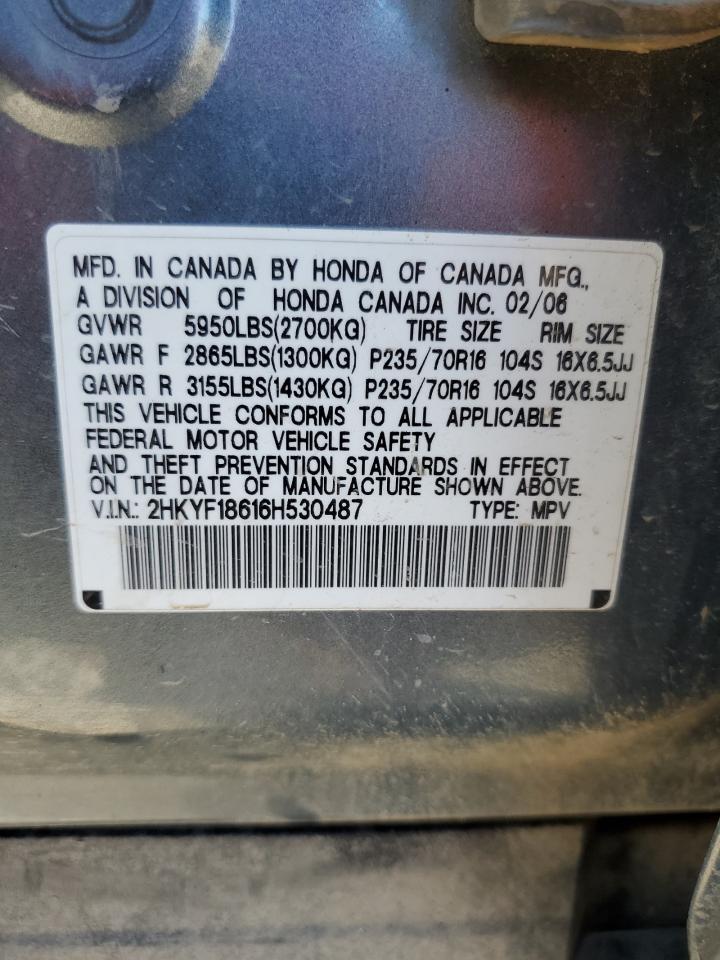 2006 Honda Pilot VIN 2HKYF18616H530487 Copart auction photo, front end / side damage thumbnail 13