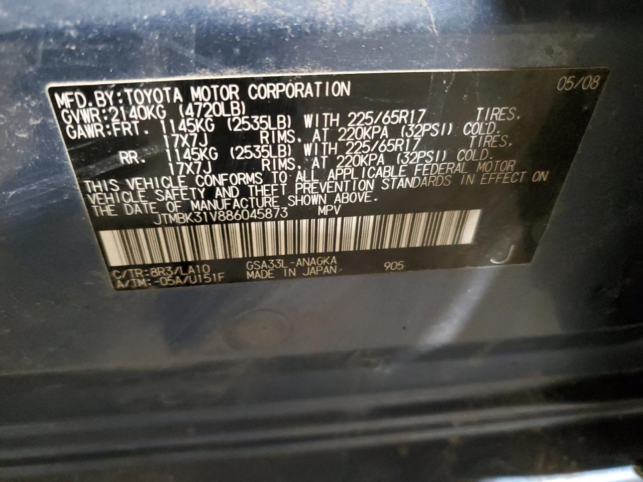 2008 Toyota RAV 4 VIN JTMBK31V886045873 Copart auction photo, front end / minor dent/scratches damage thumbnail 12