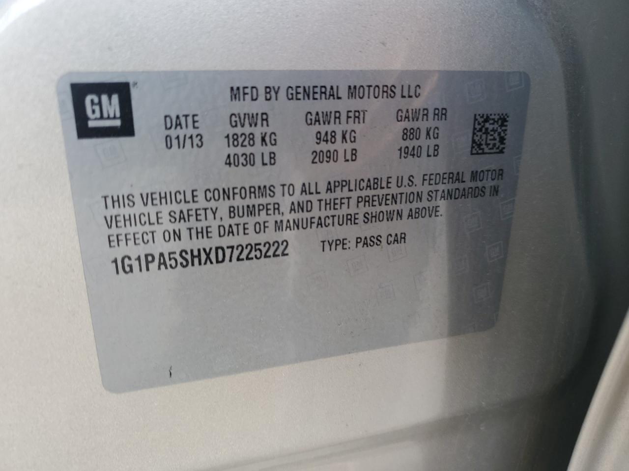2013 Chevrolet Cruze VIN 1G1PA5SHXD7225222 Copart auction photo, front end damage thumbnail 12