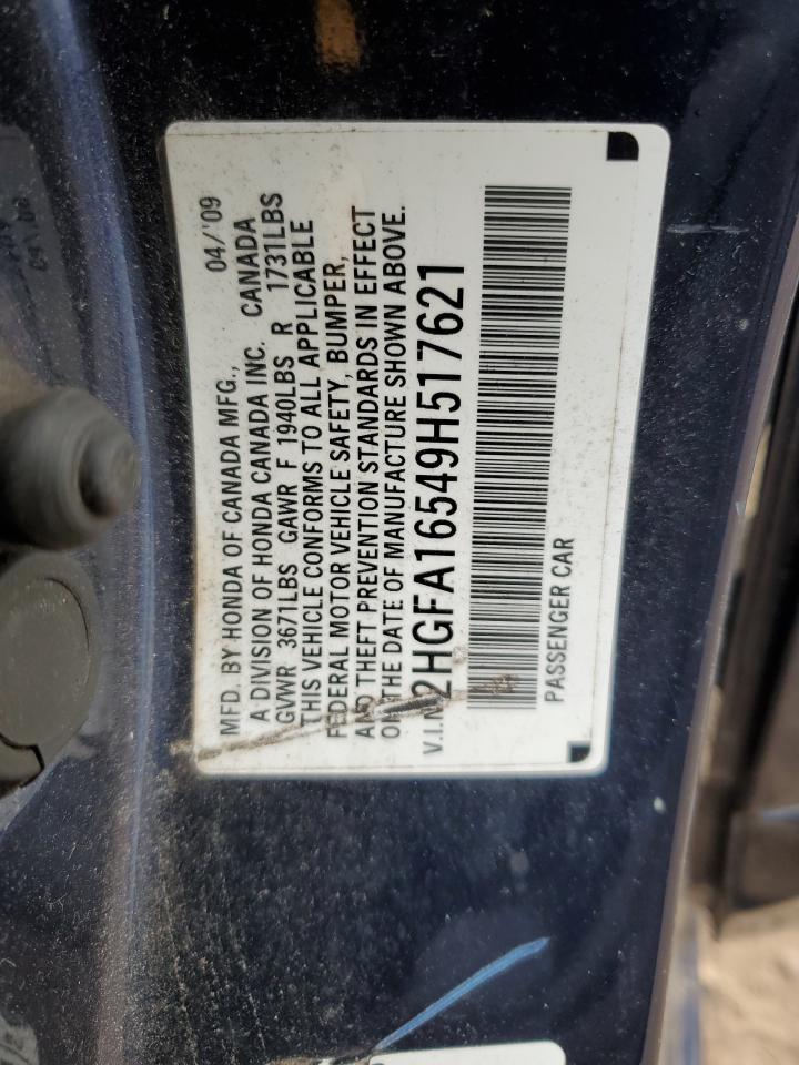 2009 Honda Civic VIN 2HGFA16549H517621 Copart auction photo, minor dent/scratches damage thumbnail 12