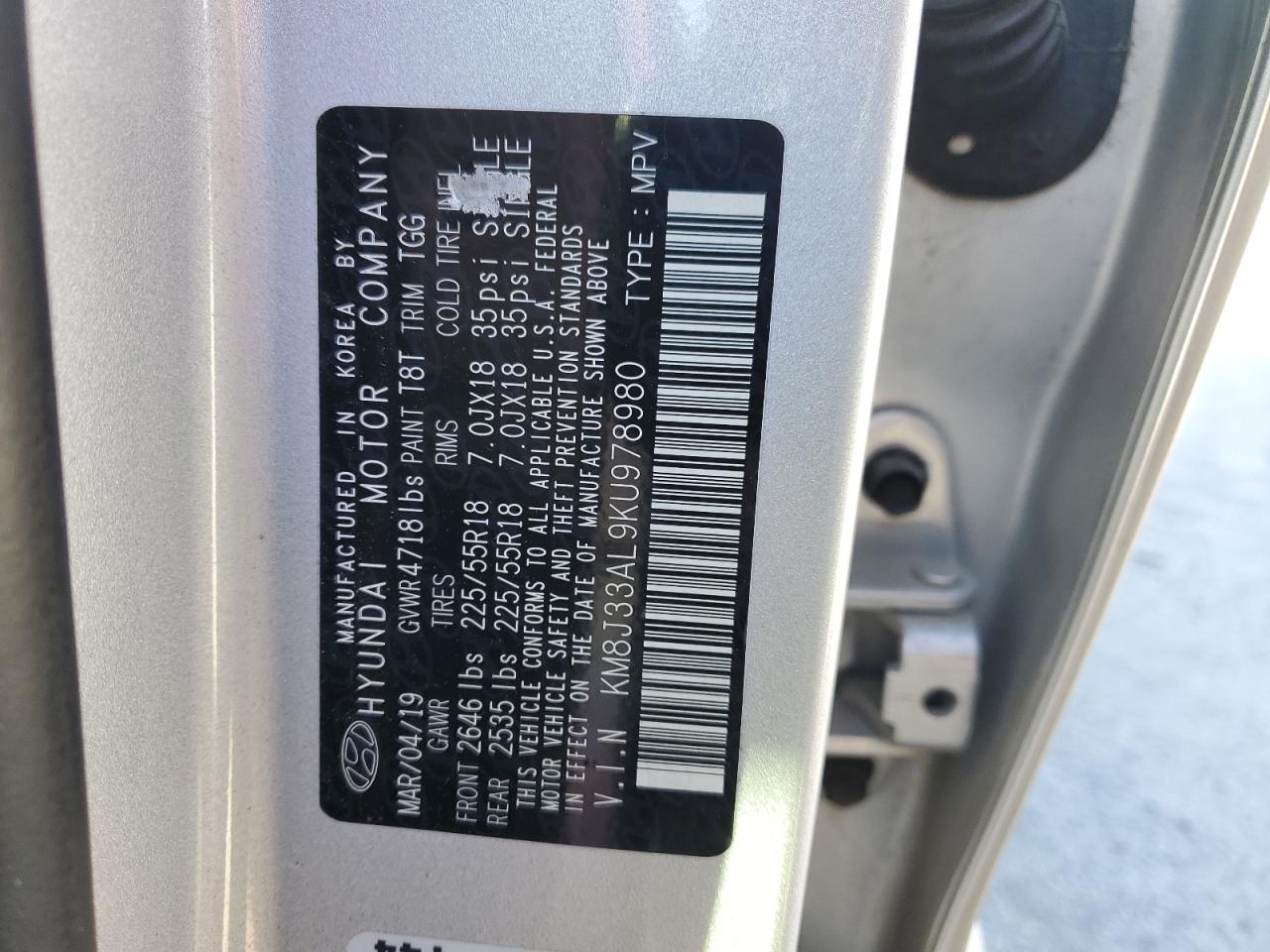 2019 Hyundai Tucson VIN KM8J33AL9KU978980 Copart auction photo, mechanical damage thumbnail 13