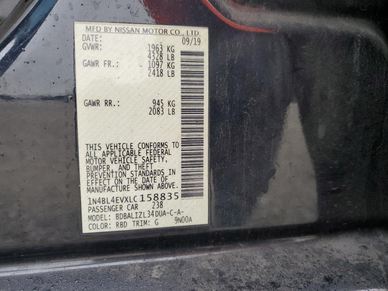 2020 Nissan Altima VIN 1N4BL4EVXLC158835 Copart auction photo, front end damage thumbnail 12