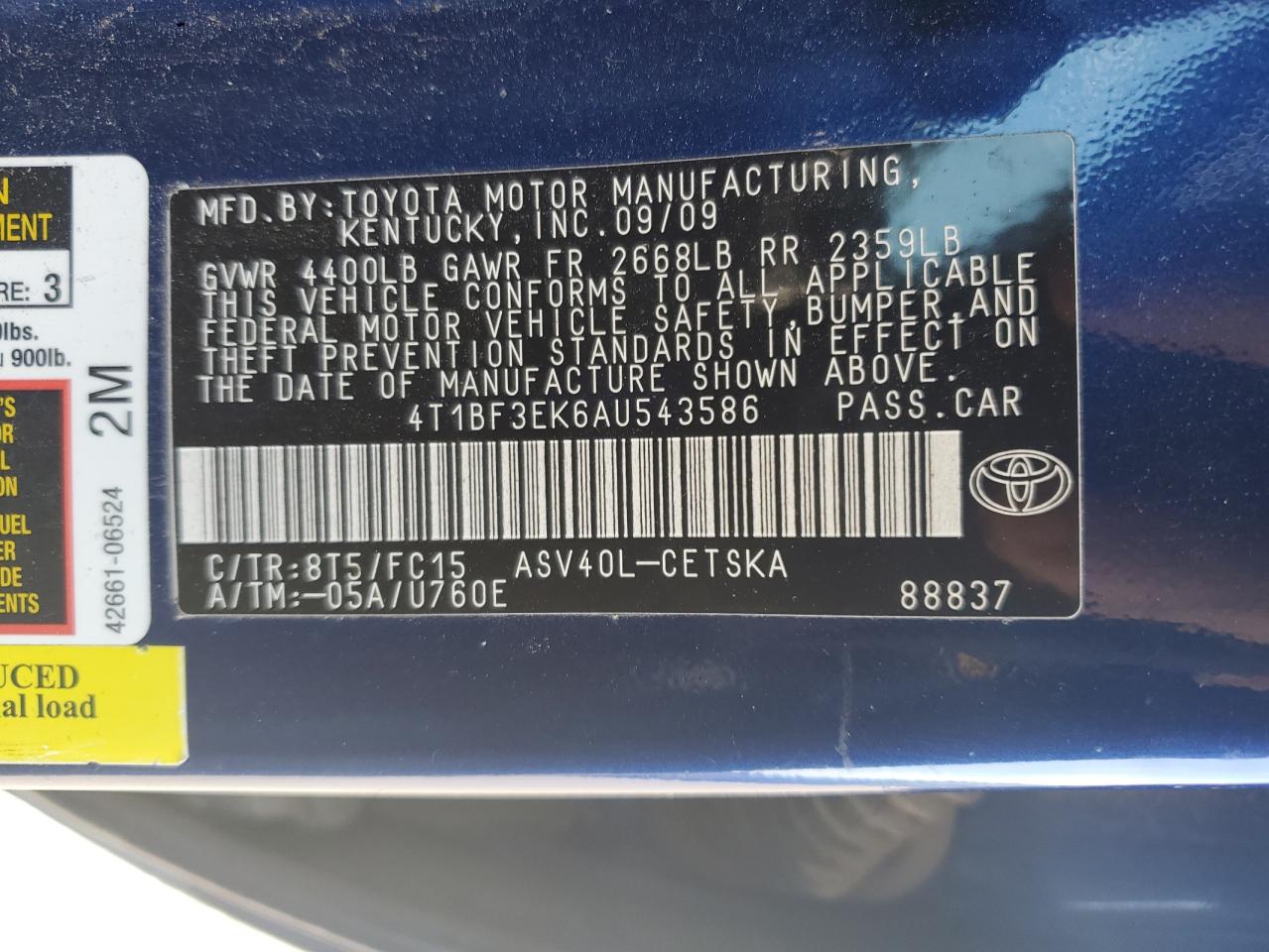 2010 Toyota Camry VIN 4T1BF3EK6AU543586 Copart auction photo, rear end / undercarriage damage thumbnail 12