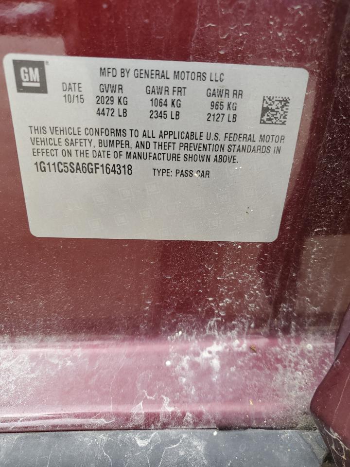 2016 Chevrolet Malibu VIN 1G11C5SA6GF164318 Copart auction photo, water/flood / front end damage thumbnail 13