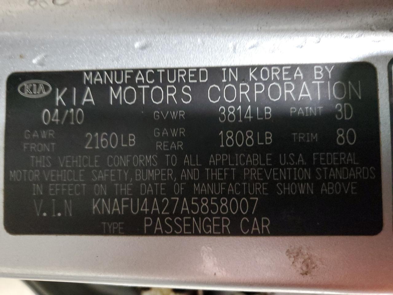 2010 KIA Forte VIN KNAFU4A27A5858007 Copart auction photo, front end damage thumbnail 12