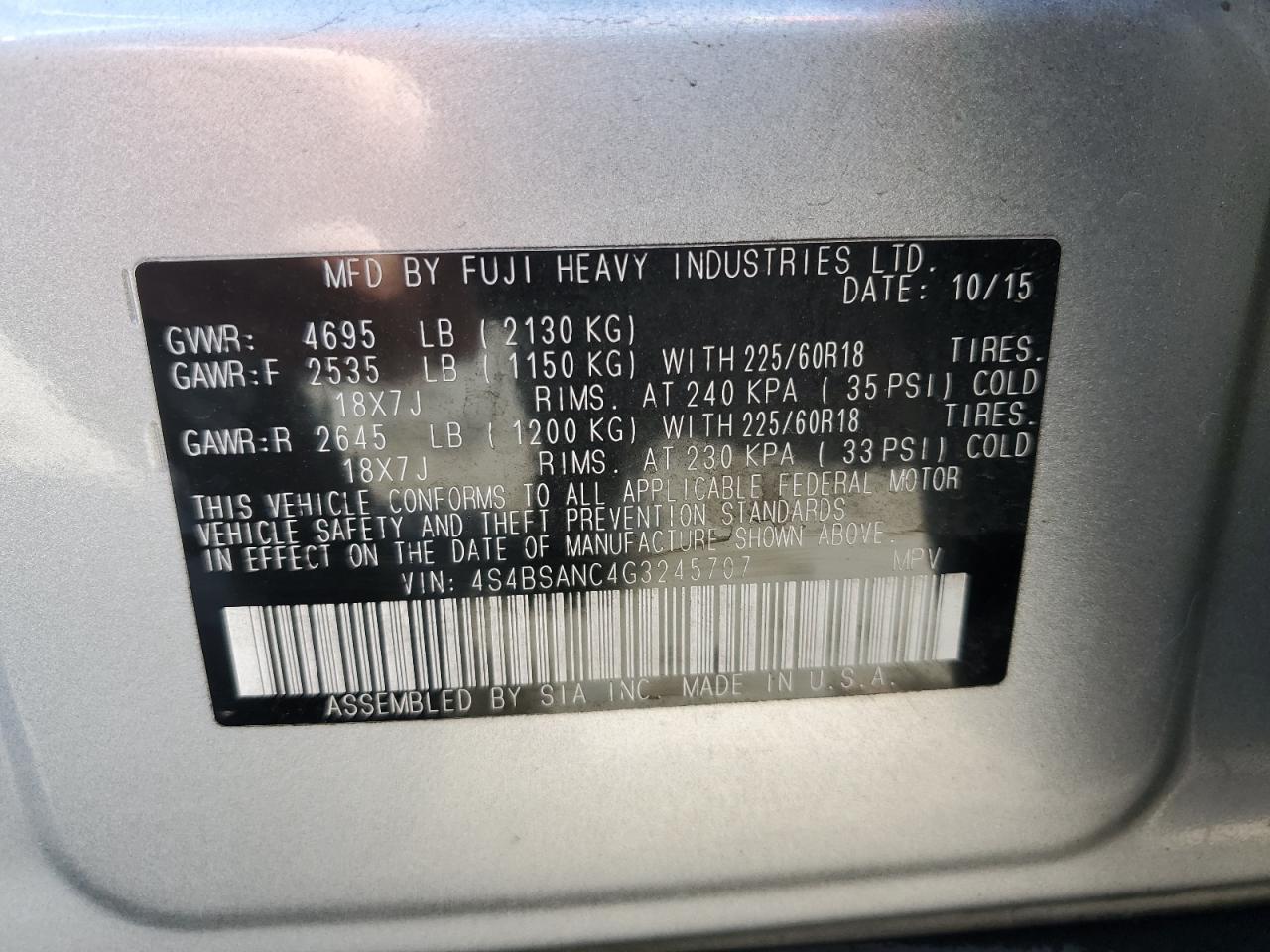 2016 Subaru Outback VIN 4S4BSANC4G3245707 Copart auction photo, front end damage thumbnail 15