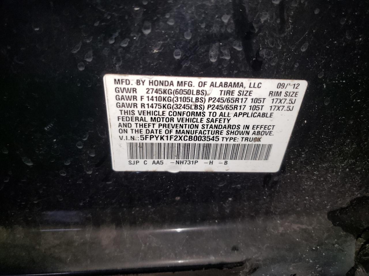 2012 Honda Ridgeline VIN 5FPYK1F2XCB003545 Copart auction photo, front end / side damage thumbnail 12