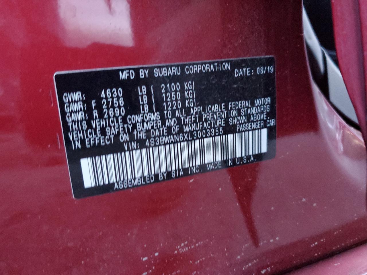 2020 Subaru Legacy VIN 4S3BWAN6XL3003355 Copart auction photo, rollover damage thumbnail 12