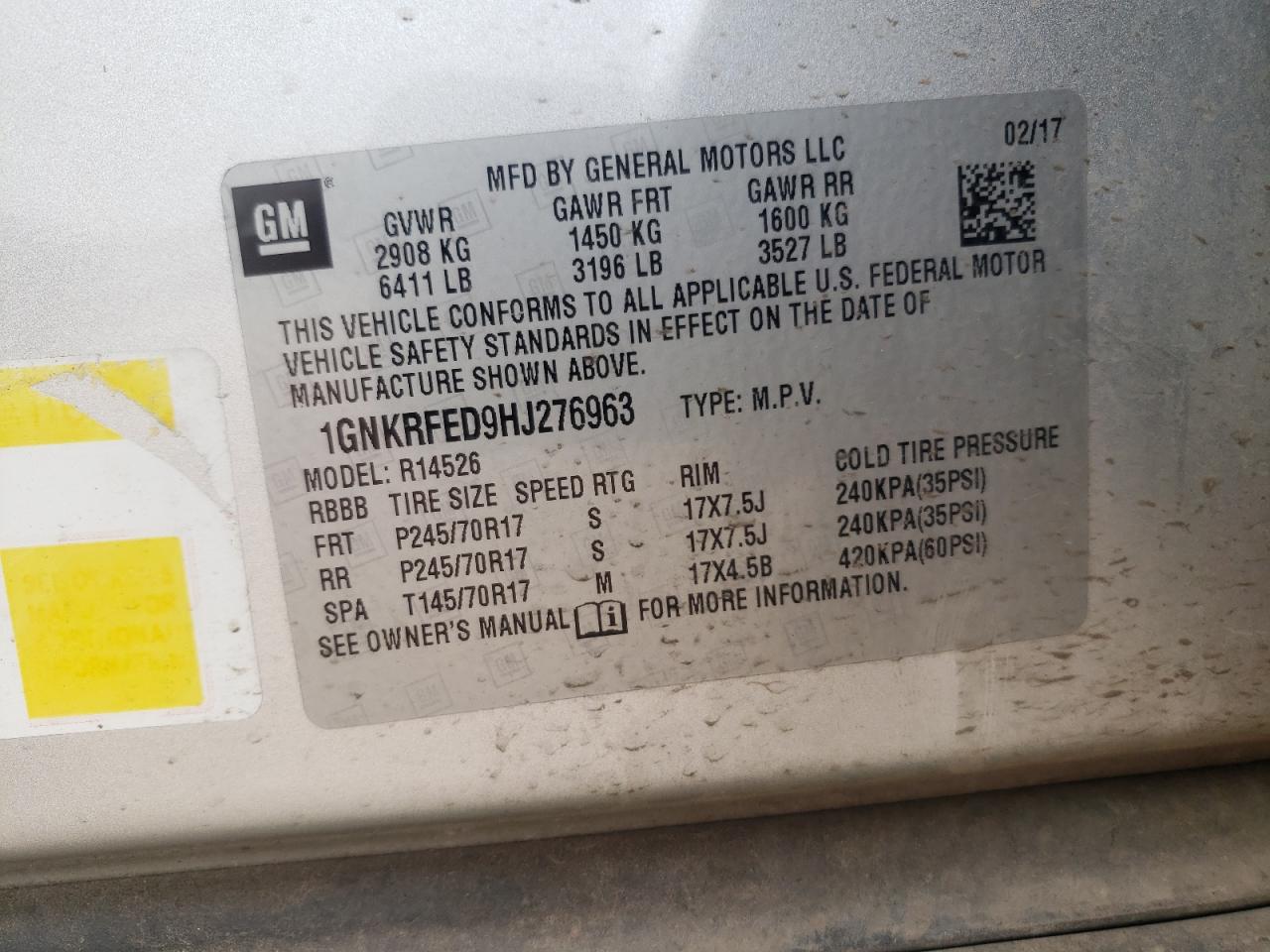 2017 Chevrolet Traverse VIN 1GNKRFED9HJ276963 Copart auction photo, side damage thumbnail 15