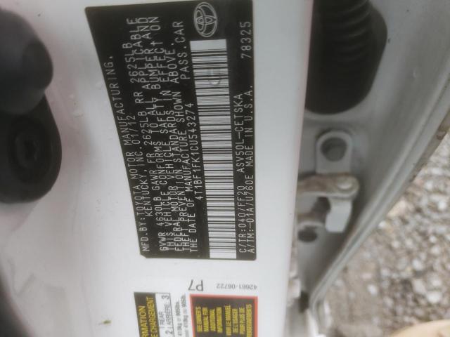 2012 Toyota Camry VIN 4T1BF1FK1CU543274 Copart auction photo, front end / minor dent/scratches damage thumbnail 12
