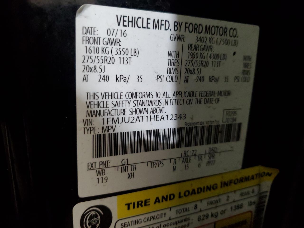 2017 Ford Expedition VIN 1FMJU2AT1HEA12343 Copart auction photo, front end damage thumbnail 13